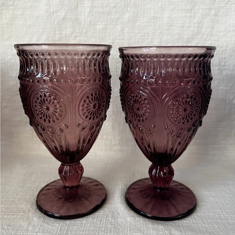 Pioneer Woman Adeline Purple 12 Oz  Footed Glass Goblets 2 In Lot